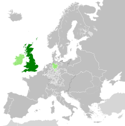 Vị trí của Vương quốc Anh năm 1789 màu xanh lá cây đậm; Ireland, quần đảo Channel, Isle of Man và Hanover có màu xanh lục nhạt