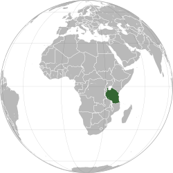 ที่ตั้งของแทนซาเนีย (สีเขียวเข้ม) ในแอฟริกาตะวันออก