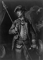 A black and white mezzotint print of a three-quarter length portrait. Wooster is standing, facing left, wearing a military uniform, holding a pike in right hand, with his left hand resting on a cannon.