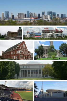 จากบนลงล่าง ซ้ายไปขวา: เส้นขอบฟ้าของแนชวิลล์, วิหารพาร์เธนอน, สนามกีฬานิสสัน, หอประชุม Ryman, ศาลาว่าการรัฐเทนเนสซี, ศูนย์ Wyatt ของมหาวิทยาลัย Vanderbilt, สวนขอบฟ้าแห่งแรก, สนามกีฬาบริดจ์สโตน