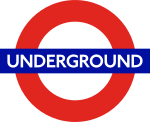 London Underground logo, known as the roundel, is made of a red circle with a horizontal blue bar.