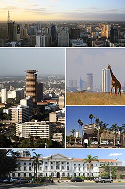 En el sentido de las agujas del reloj desde arriba: distrito central de negocios, Parque Nacional de Nairobi, Parlamento de Kenia, Ayuntamiento de Nairobi y Centro Internacional de Conferencias Kenyatta