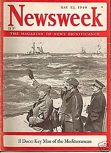 Cover of Newsweek magazine, 13 May 1940, showing Mussolini saluting navy revue from shore, with headline "Il Duce: key man of the Mediterranean".