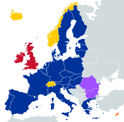 labelled map of Europe showing Schengen Area