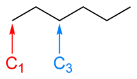 The skeletal formula of hexane, with carbons number one and three labelled