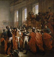 Bonaparte in a simple general uniform in the middle of a scrum of red-robbed members of the Council of Five Hundred