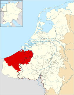 Condado de Flandes, 1350, en relación con los Países Bajos y el Sacro Imperio Romano Germánico. El condado estaba ubicado donde la frontera entre Francia y el Sacro Imperio Romano Germánico se encontraba con el Mar del Norte.