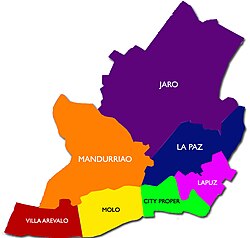The districts are Jaro, La Paz, Mandurriao, Lapuz, City Proper, Molo, and Villa Arevalo.
