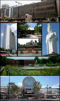 จากด้านซ้ายบน: สถานี Nishitetsu Kurume, ศาลากลาง, ศาลเจ้า Suitengu, ศาลเจ้า Kora-taisha, วัด Narita-san ศูนย์ Ishibashi bunka, สถานี JR Kurume