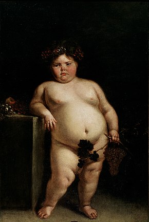 A painting of a dark haired pink cheeked obese nude young female leaning against a table. She is holding grapes and grape leaves in her left hand which cover her genitalia.