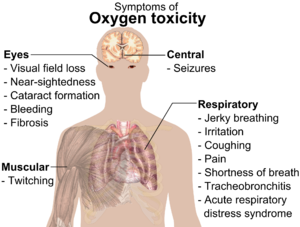 A diagraph showing a man torso and listing symptoms of oxygen toxicity: Eyes – visual field loss, nearsightedness, cataract formation, bleeding, fibrosis; Head – seizures; Muscles – twitching; Respiratory system – jerky breathing, irritation, coughing, pain, shortness of breath, tracheobronchitis, acute respiratory distress syndrome.