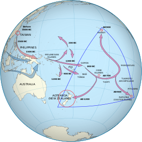 One set of arrows point from Taiwan to Melanesia to Fiji/Samoa and then to the Marquesas Islands. The population then spread, some going south to New Zealand and others going north to Hawai'i. A second set start in southern Asia and end in Melanesia.