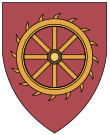 The college shield of St Catharine's College, Cambridge, prominently depicting a Catherine wheel.