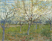 A painting of a blossoming orchard of trees under a bright blue sky.