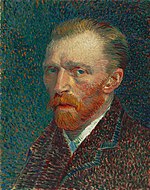 A portrait of Vincent van Gogh from the left, with an extreme intense, intent look, and a red beard.