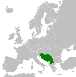 แผนที่ยุโรปในปี 1930 แสดงราชอาณาจักรยูโกสลาเวียเน้นด้วยสีเขียว