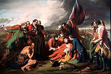 Painting of General Wolfe dying in front of the British flag while attended by officers and native allies