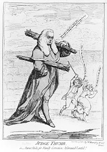 Cartoon of Sir Francis Buller in judges' robes and powdered wig, carrying bundles of rods whose ends resemble thumbs; in the background, a man with a rod raised over his head is about to strike a woman who is running away from him