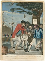 In the foreground, five leering men of the Sons of Liberty are holding down a Loyalist Commissioner of Customs agent, one holding a club. The agent is tarred and feathered, and they are pouring scalding hot tea down his throat. In the middle ground is the Boston Liberty Tree with a noose hanging from it. In the background, is a merchant ship with protestors throwing tea overboard into the harbor.