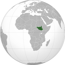 Sudán del Sur en verde oscuro, regiones en disputa en verde claro