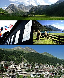 ด้านบน: มุมมองของ Sertig Valley, กลางซ้าย: ศูนย์การประชุม World Economic Forum, กลางขวา: Lake Davos, ด้านล่าง: ดูดาวอส