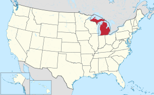 Kaart van die Verenigde State met Michigan uitgelig