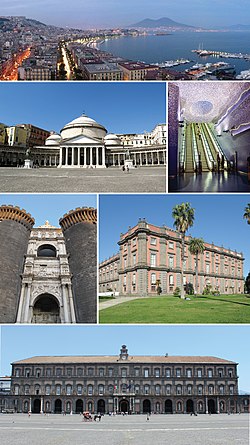 บน: มุมมองพาโนรามาของท่าเรือ Mergellina, Mergellina, บริเวณ Chiaia, เหนือวิว Mount Vesuvius, ซ้ายที่สอง: Piazza del Plebiscito ขวาที่สอง: สถานีรถไฟใต้ดิน Toledo ที่สามซ้าย: Castel Nuovo, ขวาที่สาม: Museo di Capodimonte, ด้านล่าง: ทิวทัศน์ของ Royal Palace ของ Naples