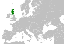 ที่ตั้งของสกอตแลนด์ในปี 1190 CE (สีเขียว) ในยุโรป (สีเขียวและสีเทา)