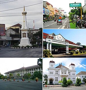 จากบนขวาทวนเข็มนาฬิกา: อนุสาวรีย์ Tugu, Kraton Yogyakarta, ถนน Malioboro, มหาวิทยาลัย Gadjah Mada, Bank Indonesia Yogyakarta, Golek Ayun-Ayun Dance