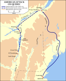 Montgomery's route started at Fort Ticonderoga in eastern upstate New York, went north along Lake Champlain to Montreal, and then followed the Saint Lawrence River downstream to Quebec. Arnold's route started at Cambridge, Massachusetts, went overland to Newburyport and by sea to present-day Maine. From there, it went up the Kennebec River and over a height of land separating the Kennebec and Chaudière River watersheds to Lac Mégantic. It then descended the Chaudière River to Quebec City.