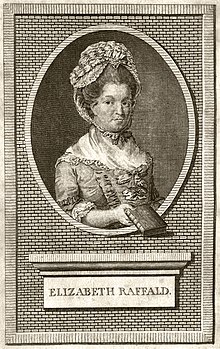 Elizabeth Raffald, sosteniendo una copia de un libro, representada en un marco ovalado con un fondo de ladrillo.