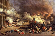 Smoke is billowing throughout the top two-thirds of the picture, dead guards are scattered in the foreground, and a battle with hand-to-hand combat and a horse is in the bottom right.