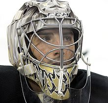 Photograph of goaltender Marc-Andre Fleury waering his face mask