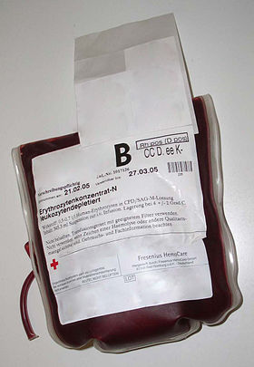 Plastiktüte 0,5–0,7 Liter mit verpackten roten Blutkörperchen in Citrat-, Phosphat-, Dextrose- und Adeninlösung (CPDA)
