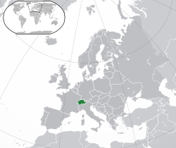 Location of Switzerland (green) in Europe (green and dark grey)