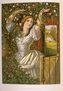 young woman with upraised arms dressed in white gown under a bower with an open garden gate showing a farm in the background