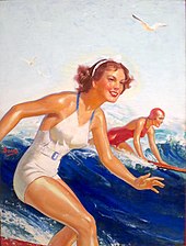 A painting of two white women surfing, circa 1935.