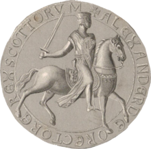 Reverse side of the circular seal used by Alexander the Second, showing the King, in full armour, seated on horseback. The upright Lion symbol is shown upon both the saddle and the shield held by the King.