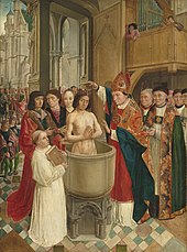 painting of Clovis I conversion to Catholicism in 498, a king being baptized in a tub in a cathedral surrounded by bishop and monks