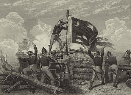 Continental Sergeant Jasper of the 2nd South Carolina Regiment, on a parapet raising the fort's South Carolina Revolutionary flag with its white crescent moon.'s South Carolina Revolutionary flag with its white crescent moon.
