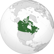 การฉายภาพอเมริกาเหนือกับแคนาดาเน้นด้วยสีเขียว