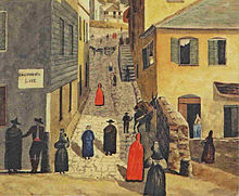 Painting of a street scene showing people and pack animals going up and down a steep street, with several women wearing the traditional red cloak of Gibraltar