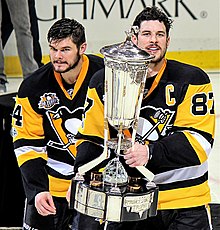 Photograph of Sidney Crosby and Chris Kunitz with Prince of Wales Trophy