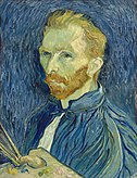 A portrait of Vincent van Gogh from the left (good ear) holding a palette with brushes. He is wearing a blue cloak and has yellow hair and beard. The background is a deep violet.