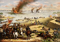 Painting of land battle scene in foreground and naval battle with sinking ships in background