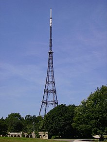 Photograph taken at a distance showing entire height of Crystal Palace Park TV transmitter.