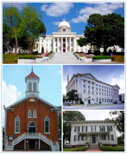 รูปภาพบนสุดจากซ้ายไปขวา: Alabama State Capitol, Dexter Avenue Baptist Church, Frank M.Johnson Jr. Federal Building และ United States Courthouse, ทำเนียบขาวแห่งแรกของสมาพันธรัฐ