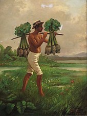 A painting of a man carrying taro by a yoke.