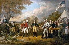 In an American army camp, of two British red-coated officers with white pants on the left, British General Burgoyne offers his sword in surrender to the American General Gates in a blue coat and buff pants to the right-center, flanked to the right by US Colonel Morgan dressed all in white.