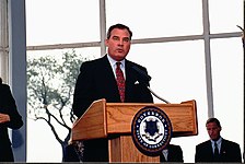 John G. Rowland is seen giving a speech.